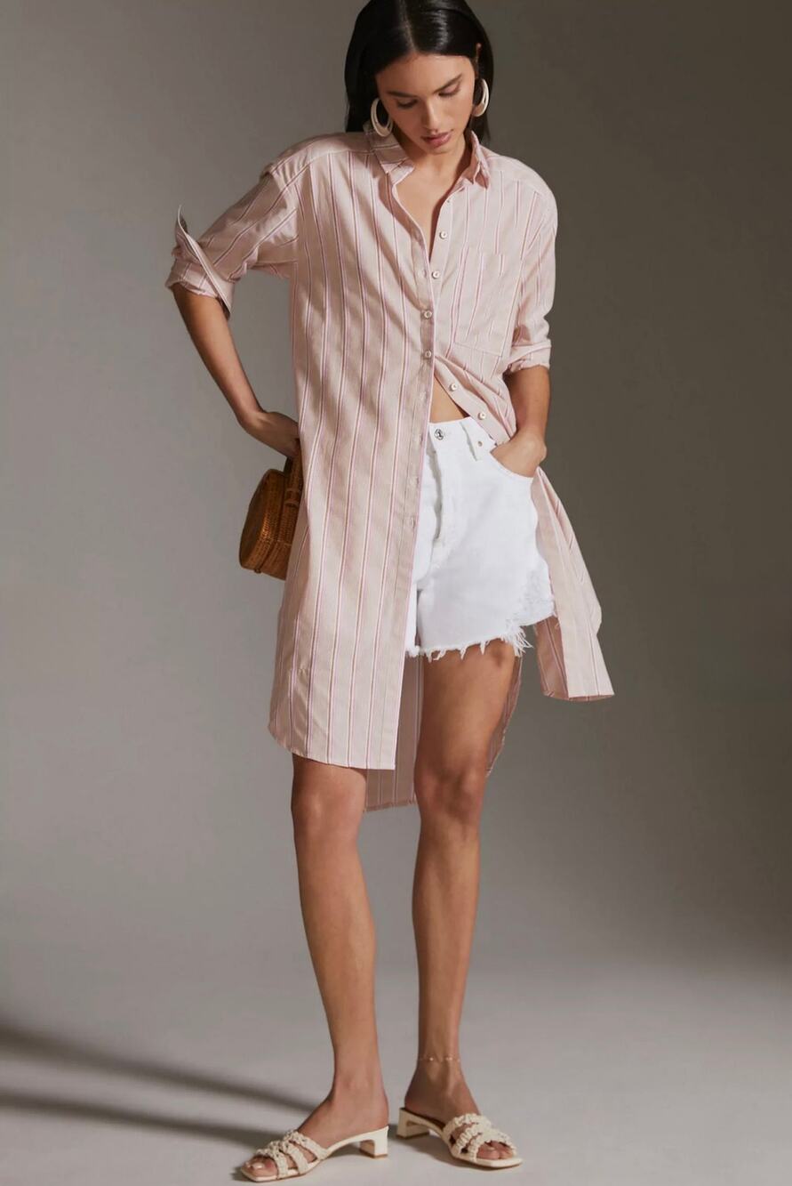Anthropologie Women's Pink Neutral Striped Tunic Button Down Shirt Dress Size S